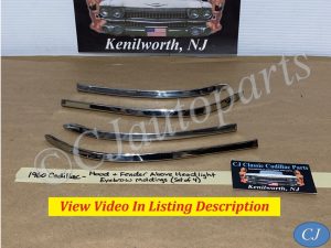 OEM 1960 Cadillac ABOVE HEADLIGHT HOOD & FENDER EYEBROW MOLDINGS TRIM (SET OF 4) #3631908/#3631909/#3631933/#1473376/#3631934/#1473375